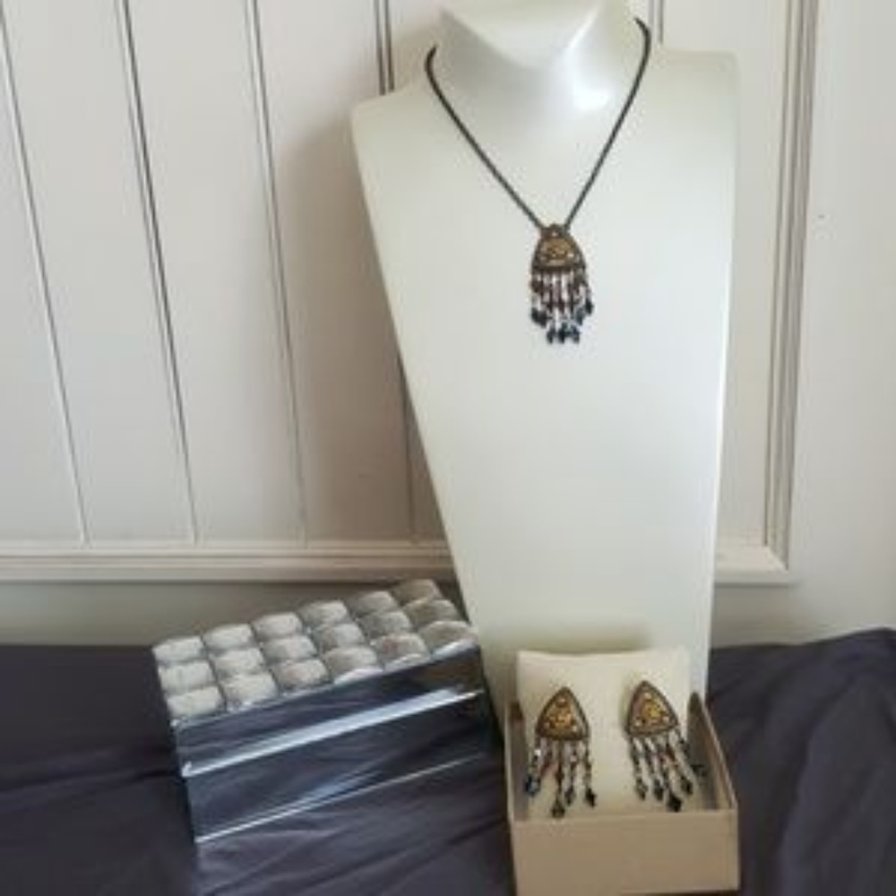 Necklace Earring Set Bronze Egyptian Style Gold  Swarovski Crystal Embellished - Picture 2 of 7